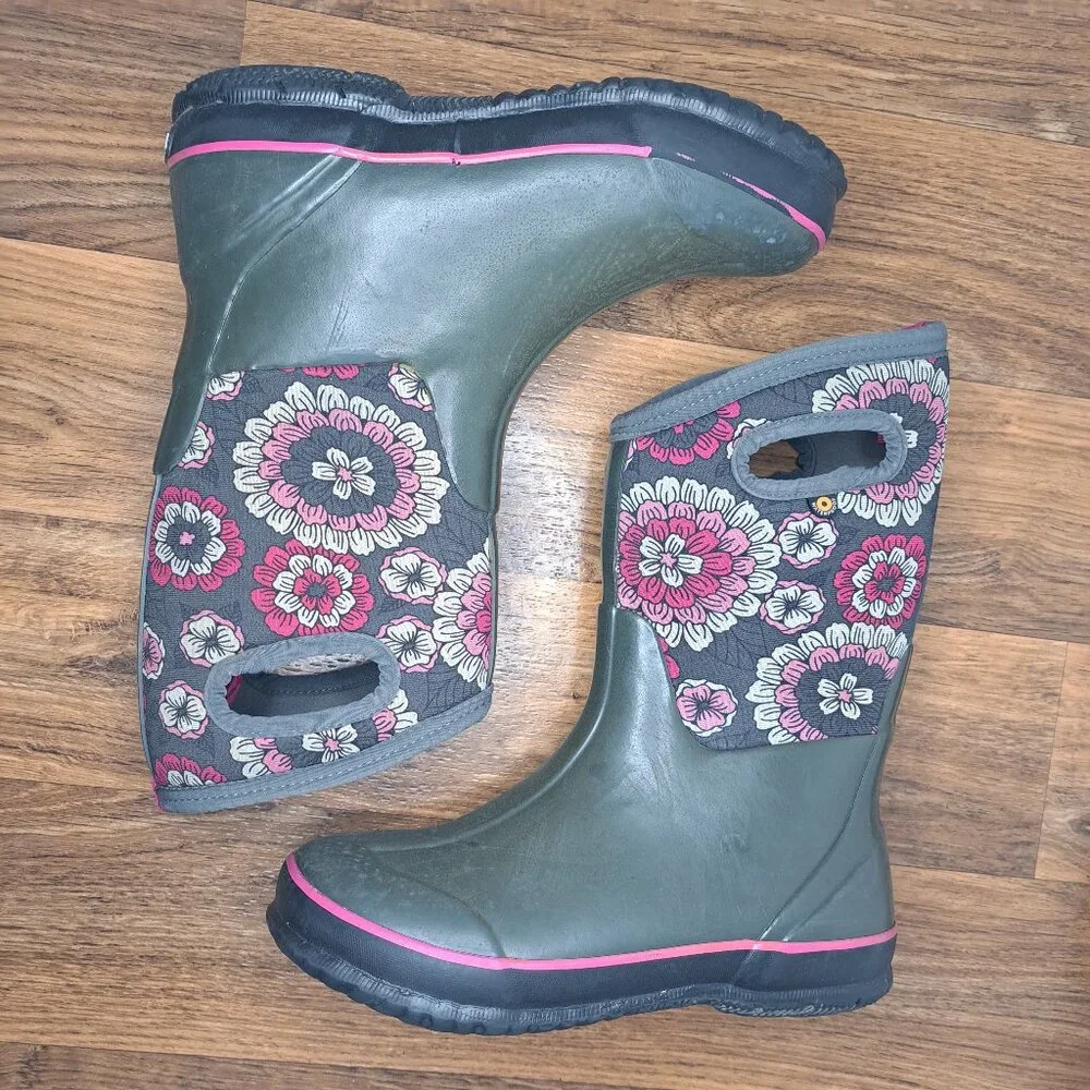 Bogs Girls Gray Pink Floral Winter Boots Size 5